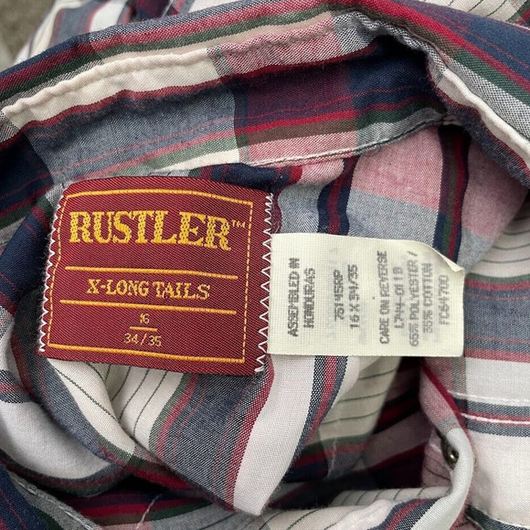 Vtg Rustler Mens Size 16 34 / 35 Pearl Snap X Long Tails Western Shirt Cowboy - Picture 6 of 10